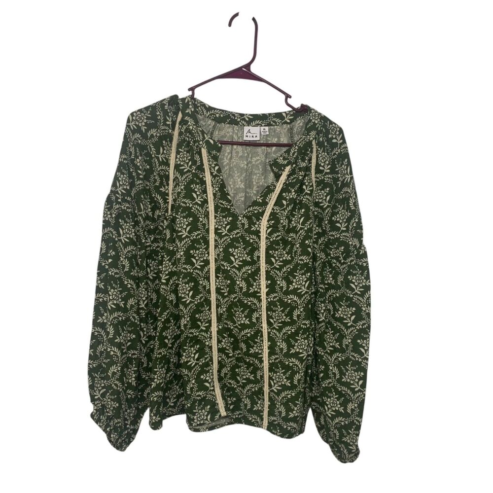 Mira Green Floral CottageCore Crochet Insets Cotton Pleasant Blouse XL Boho
